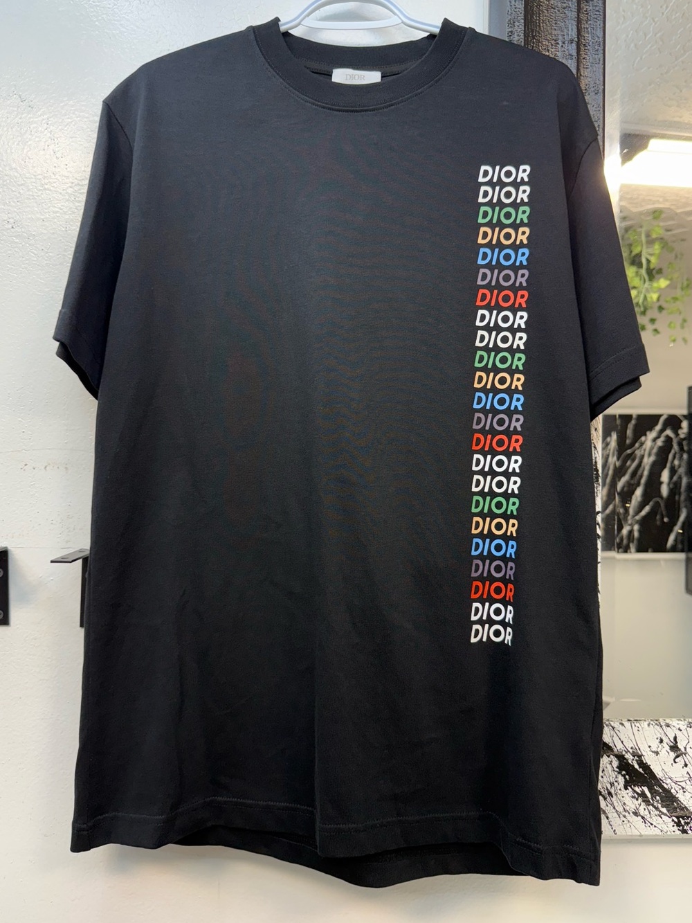 Dior Black Short Sleeve T-Shirt with Multicolor Vertical Logo fits oversize M